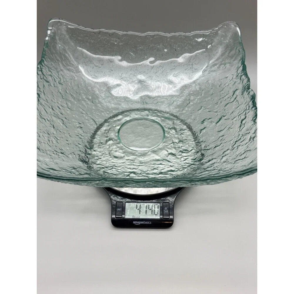 VTG San Miguel Style Recycled Ice Glass Square Bowl Pale Aqua Green Bark 12” MCM